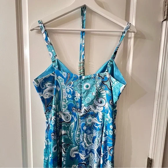 Boston Proper Stamped Floral Blues Print Necklace Detail  Maxi Dress, Size 10 - Picture 11 of 11